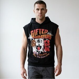 NWT GFTD LA Men’s Black Vintage Wash Sleeveless Graphic Hoodie “Promotions” - S